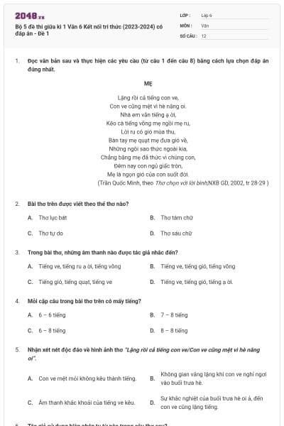 Bộ 5 đề thi giữa kì 1 Văn 6 Kết nối tri thức (2023-2024) có đáp án - Đề 1