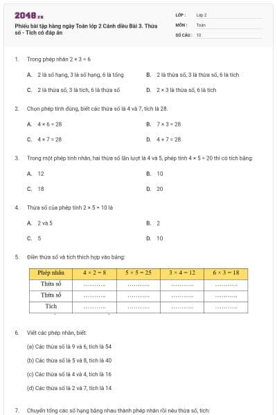 Phiếu bài tập hàng ngày Toán lớp 2 Cánh diều Bài 3. Thừa số - Tích có đáp án