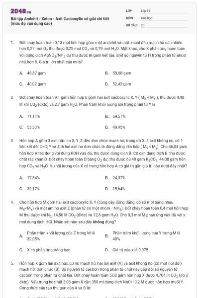 Bài tập Andehit - Xeton - Axit Cacboxylic có giải chi tiết (mức độ vận dụng cao)