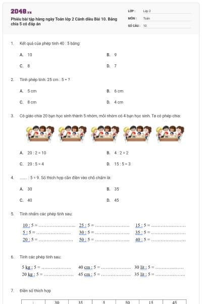 Phiếu bài tập hàng ngày Toán lớp 2 Cánh diều Bài 10. Bảng chia 5 có đáp án