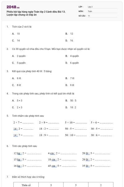 Phiếu bài tập hàng ngày Toán lớp 2 Cánh diều Bài 13. Luyện tập chung có đáp án
