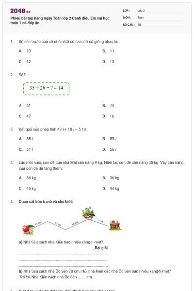 Phiếu bài tập hàng ngày Toán lớp 2 Cánh diều Em vui học toán 1 có đáp án