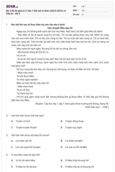 Bộ 5 đề thi giữa kì 2 Văn 7 Kết nối tri thức (2023-2024) có đáp án - Đề 2