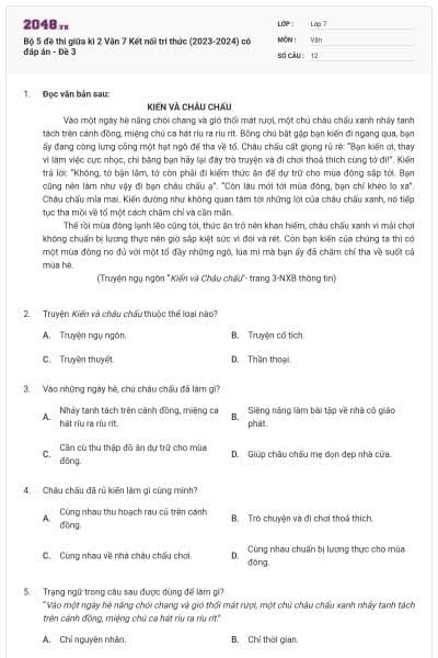 Bộ 5 đề thi giữa kì 2 Văn 7 Kết nối tri thức (2023-2024) có đáp án - Đề 3