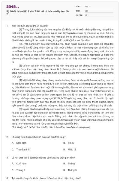 Bộ 10 đề thi cuối kì 2 Văn 7 Kết nối tri thức có đáp án - Đề 2