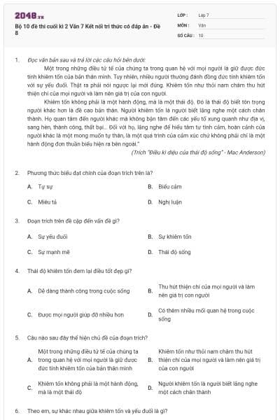 Bộ 10 đề thi cuối kì 2 Văn 7 Kết nối tri thức có đáp án - Đề 8