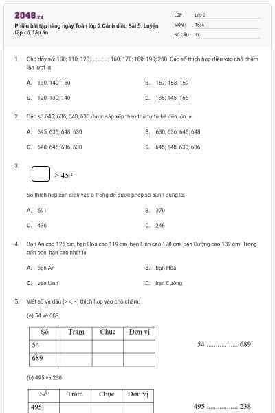 Phiếu bài tập hàng ngày Toán lớp 2 Cánh diều Bài 5. Luyện tập có đáp án