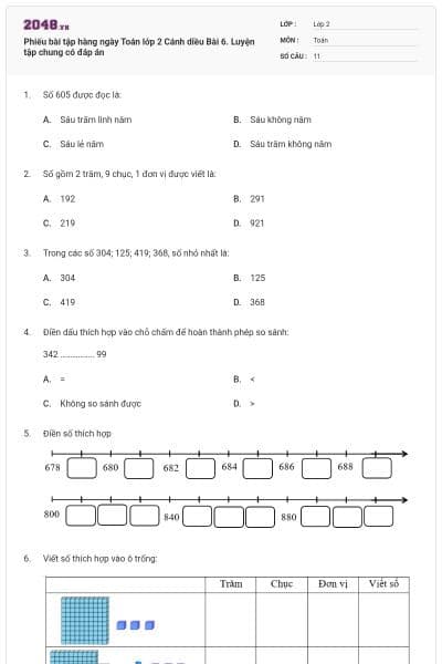 Phiếu bài tập hàng ngày Toán lớp 2 Cánh diều Bài 6. Luyện tập chung có đáp án