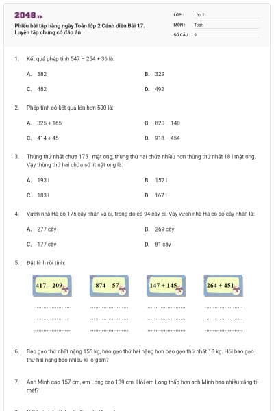 Phiếu bài tập hàng ngày Toán lớp 2 Cánh diều Bài 17. Luyện tập chung có đáp án