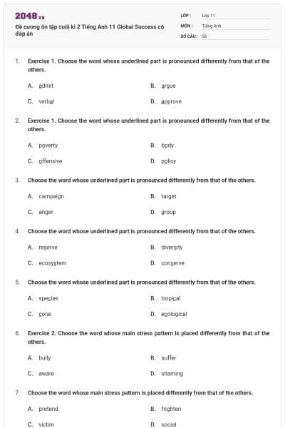 Đề cương ôn tập cuối kì 2 Tiếng Anh 11 Global Success có đáp án
