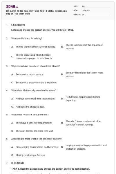 Đề cương ôn tập cuối kì 2 Tiếng Anh 11 Global Success có đáp án - Đề tham khảo