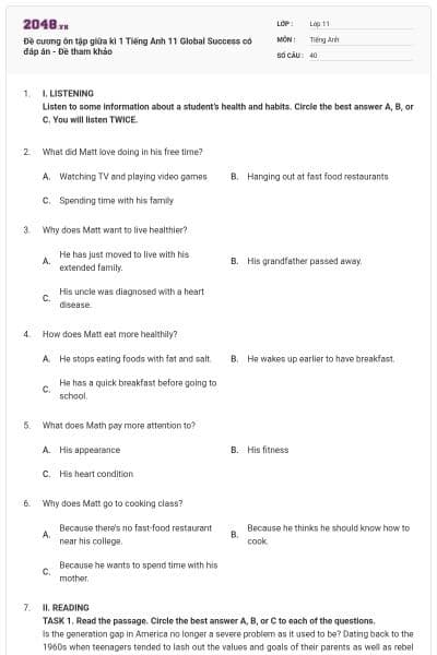 Đề cương ôn tập giữa kì 1 Tiếng Anh 11 Global Success có đáp án - Đề tham khảo