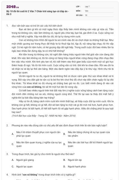 Bộ 10 đề thi cuối kì 2 Văn 7 Chân trời sáng tạo có đáp án - Đề 3