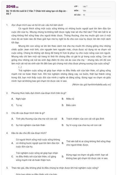 Bộ 10 đề thi cuối kì 2 Văn 7 Chân trời sáng tạo có đáp án - Đề 7