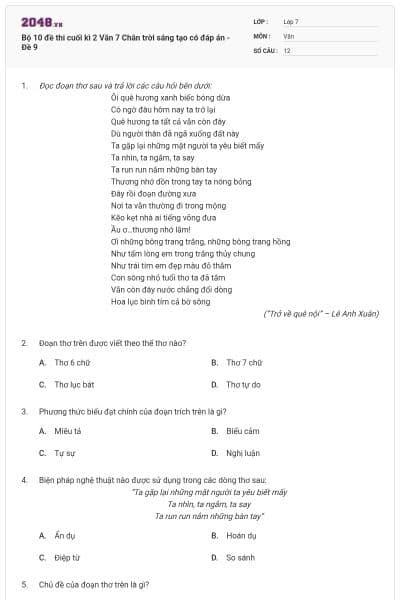 Bộ 10 đề thi cuối kì 2 Văn 7 Chân trời sáng tạo có đáp án - Đề 9