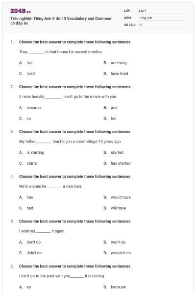 Trắc nghiệm Tiếng Anh 9 Unit 3 Vocabulary and Grammar có đáp án