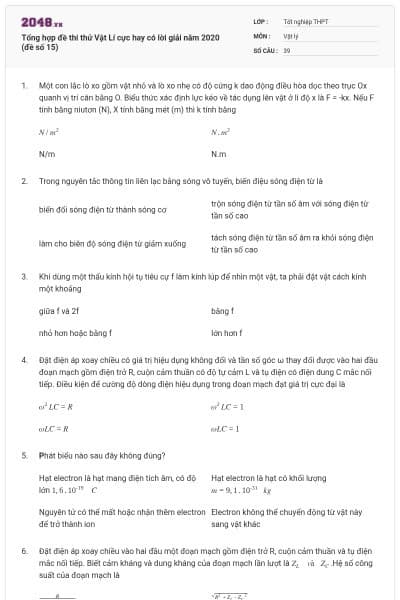 Tổng hợp đề thi thử Vật Lí cực hay có lời giải năm 2020 (đề số 15)