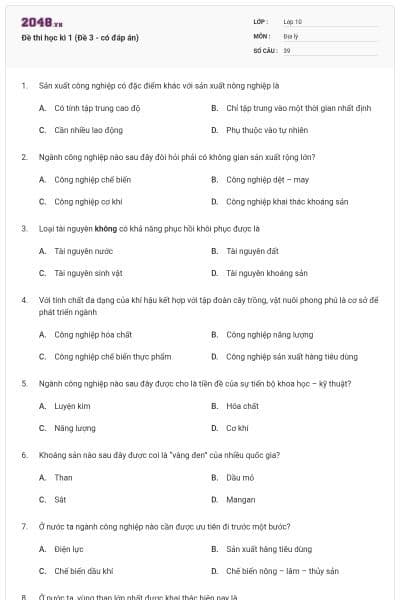 Đề thi học kì 1 (Đề 3 - có đáp án)