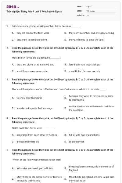 Trắc nghiệm Tiếng Anh 9 Unit 3 Reading có đáp án