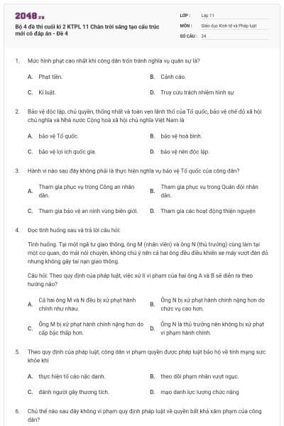 Bộ 4 đề thi cuối kì 2 KTPL 11 Chân trời sáng tạo cấu trúc mới có đáp án - Đề 4