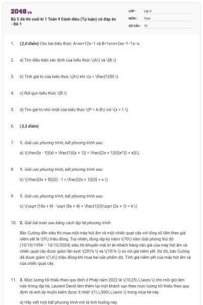 Bộ 5 đề thi cuối kì 1 Toán 9 Cánh diều (Tự luận) có đáp án - Đề 1