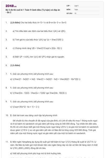 Bộ 5 đề thi cuối kì 1 Toán 9 Cánh diều (Tự luận) có đáp án - Đề 2