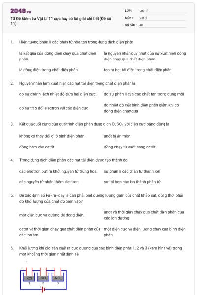 13 Đề kiểm tra Vật Lí 11 cực hay có lời giải chi tiết (Đề số 11)