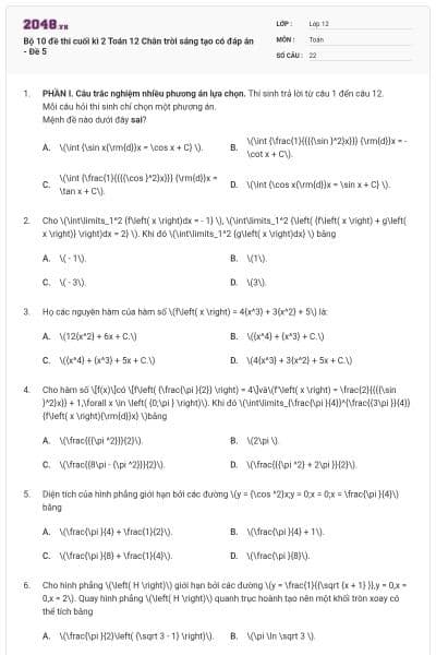 Bộ 10 đề thi cuối kì 2 Toán 12 Chân trời sáng tạo có đáp án - Đề 5