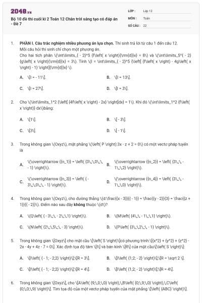 Bộ 10 đề thi cuối kì 2 Toán 12 Chân trời sáng tạo có đáp án - Đề 7