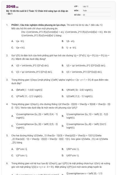 Bộ 10 đề thi cuối kì 2 Toán 12 Chân trời sáng tạo có đáp án - Đề 1