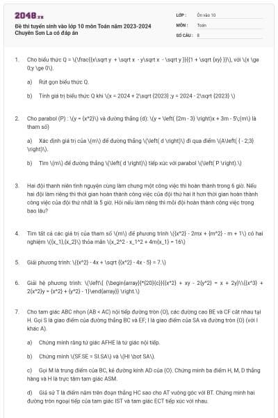 Đề thi tuyển sinh vào lớp 10 môn Toán năm 2023-2024 Chuyên Sơn La có đáp án