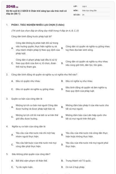 Đề thi cuối kì 2 GDCD 6 Chân trời sáng tạo cấu trúc mới có đáp án (Đề 1)