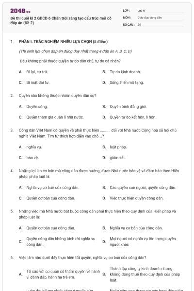 Đề thi cuối kì 2 GDCD 6 Chân trời sáng tạo cấu trúc mới có đáp án (Đề 2)