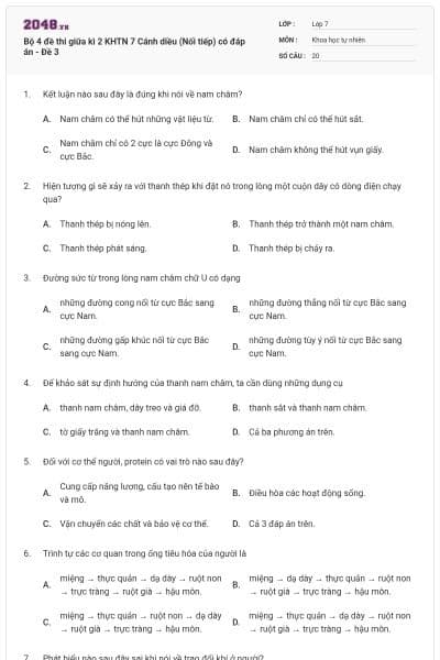 Bộ 4 đề thi giữa kì 2 KHTN 7 Cánh diều (Nối tiếp) có đáp án - Đề 3