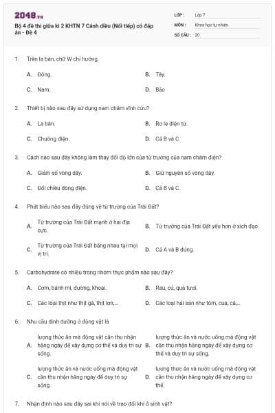 Bộ 4 đề thi giữa kì 2 KHTN 7 Cánh diều (Nối tiếp) có đáp án - Đề 4