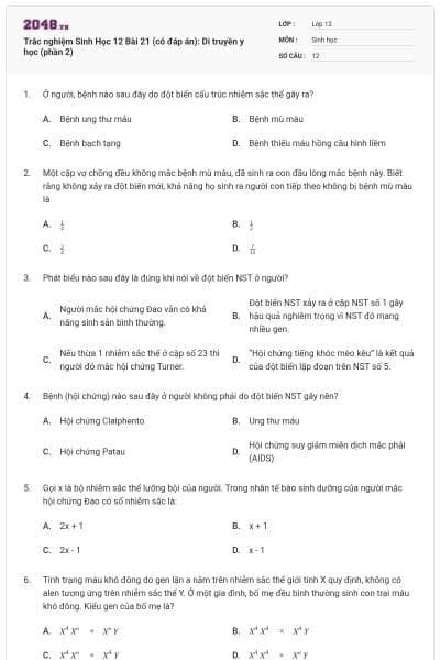 Trắc nghiệm Sinh Học 12 Bài 21 (có đáp án): Di truyền y học (phần 2)