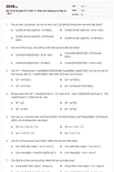 Bộ 10 đề thi giữa kì 2 Toán 11 Chân trời sáng tạo có đáp án - Đề 1