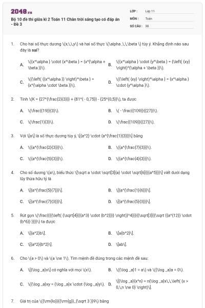 Bộ 10 đề thi giữa kì 2 Toán 11 Chân trời sáng tạo có đáp án - Đề 3