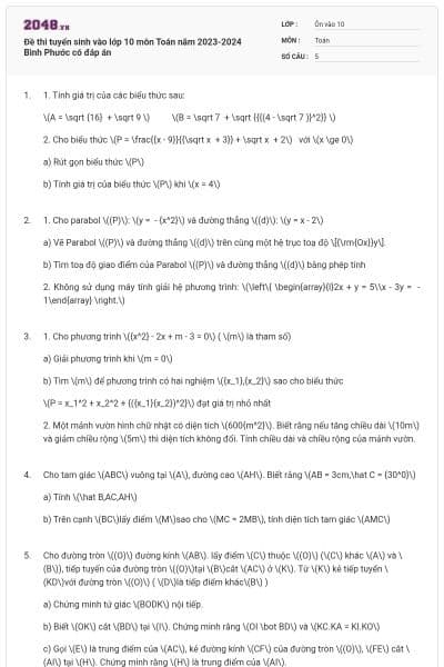 Đề thi tuyển sinh vào lớp 10 môn Toán năm 2023-2024 Bình Phước có đáp án