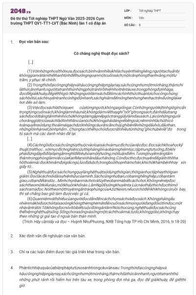 Đề thi thử Tốt nghiệp THPT Ngữ Văn 2025-2026 Cụm trường THPT QV1-TT1-LVT (Bắc Ninh) lần 1 có đáp án