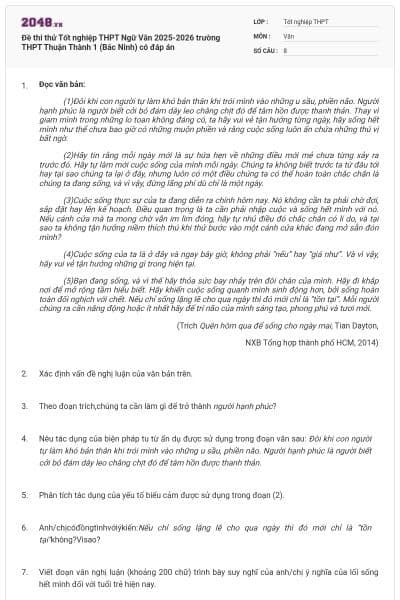 Đề thi thử Tốt nghiệp THPT Ngữ Văn 2025-2026 trường THPT Thuận Thành 1 (Bắc Ninh) có đáp án