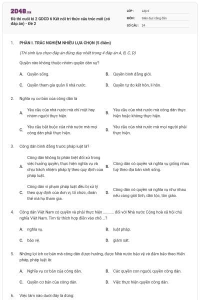 Đề thi cuối kì 2 GDCD 6 Kết nối tri thức cấu trúc mới (có đáp án) - Đề 2