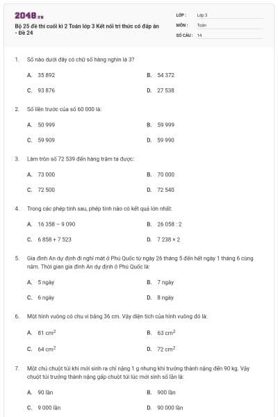 Bộ 25 đề thi cuối kì 2 Toán lớp 3 Kết nối tri thức có đáp án - Đề 24