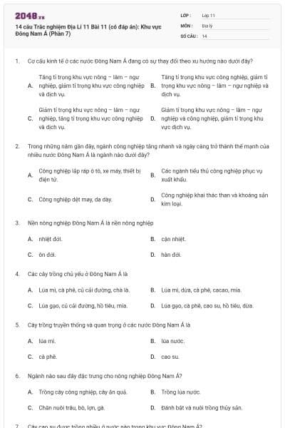 14 câu Trắc nghiệm Địa Lí 11 Bài 11 (có đáp án): Khu vực Đông Nam Á (Phần 7)