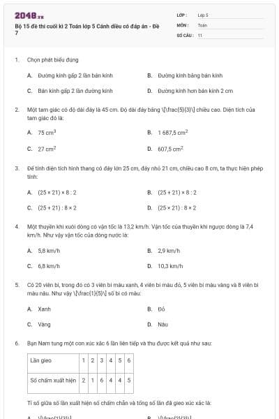 Bộ 15 đề thi cuối kì 2 Toán lớp 5 Cánh diều có đáp án - Đề 7