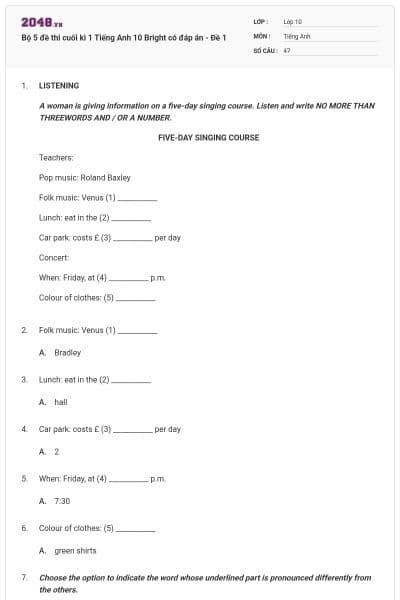 Bộ 5 đề thi cuối kì 1 Tiếng Anh 10 Bright có đáp án - Đề 1