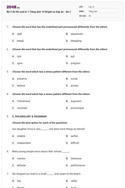 Bộ 5 đề thi cuối kì 1 Tiếng Anh 10 Bright có đáp án - Đề 2