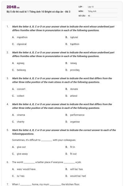 Bộ 5 đề thi cuối kì 1 Tiếng Anh 10 Bright có đáp án - Đề 3