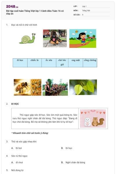 Bài tập cuối tuần Tiếng Việt lớp 1 Cánh diều Tuần 16 có đáp án