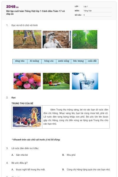 Bài tập cuối tuần Tiếng Việt lớp 1 Cánh diều Tuần 17 có đáp án